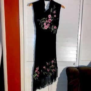 Woman small designer sun dress by Sue Wong black with pink & green embroidery